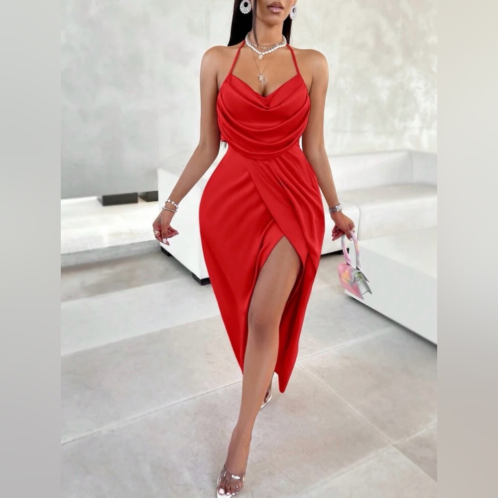 Sexy Ruffle Satin Silk Cami Dress Red